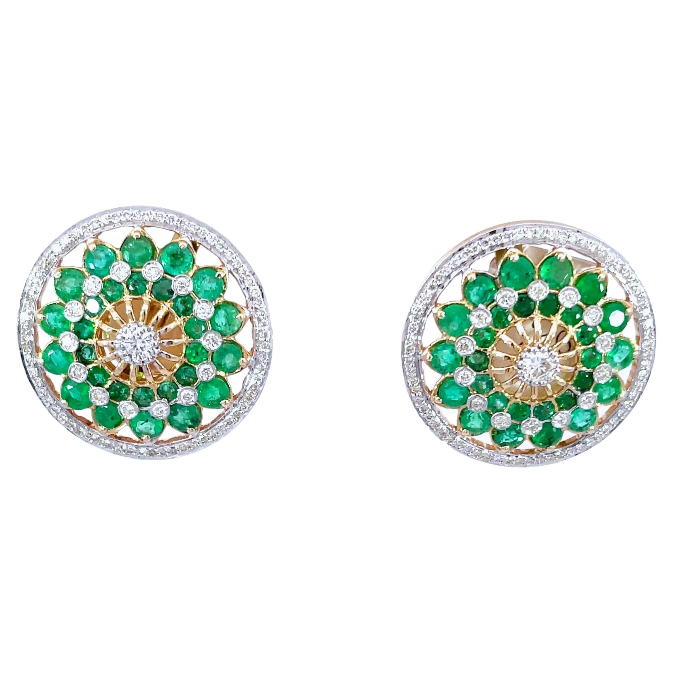 Natural Emerald 2.4 Carat & White Diamond 1 Carat Earring 18K Yellow Gold Studs For Sale