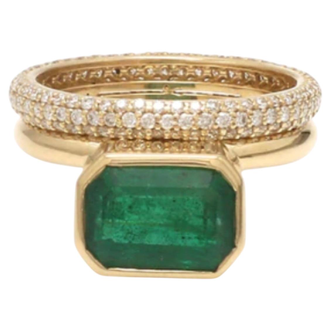 Bague avec émeraude taille émeraude et diamants, or 14 carats, 2,87 ct et 0,70 ct