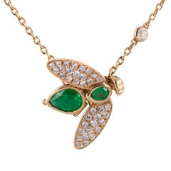 Natural Emerald 3 Carat and Diamond 18 Karat Gold Bee Pendant