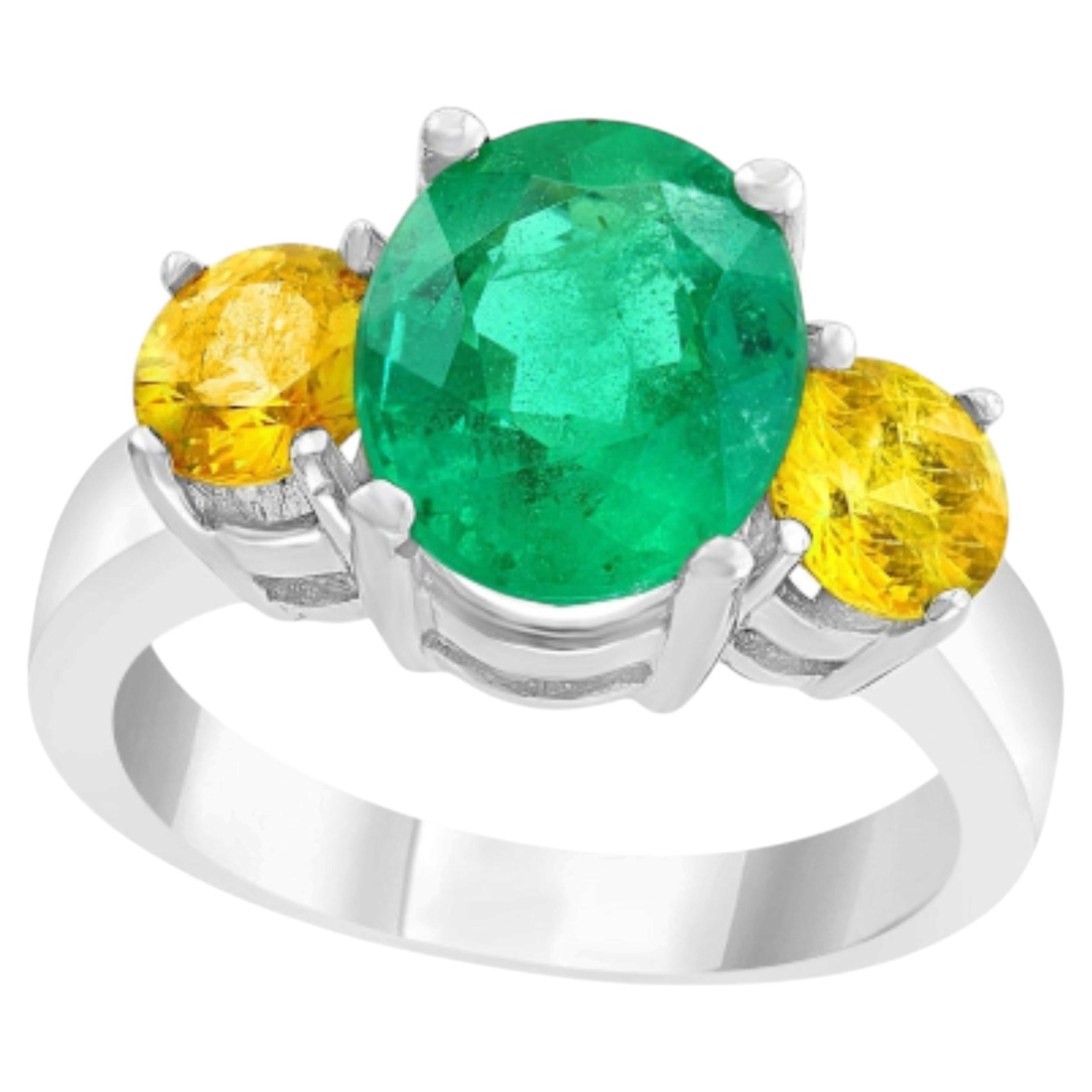 Emerald 3 CTS & Yellow Sapphire 1.2 CTS Ring in 18k White Gold For Sale