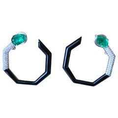 Natural Emerald and Black Enamel Earrings Set in 18 Karat Gold with Diamonds