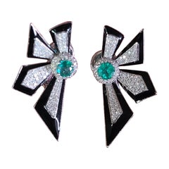 Natural Emerald and Black Enamel Studs Set in 18 Karat Gold with Diamonds