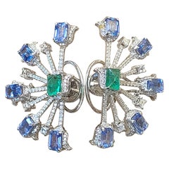 Natural Emerald and Blue Sapphire Earrings with Diamond Set in 18 Karat Gold