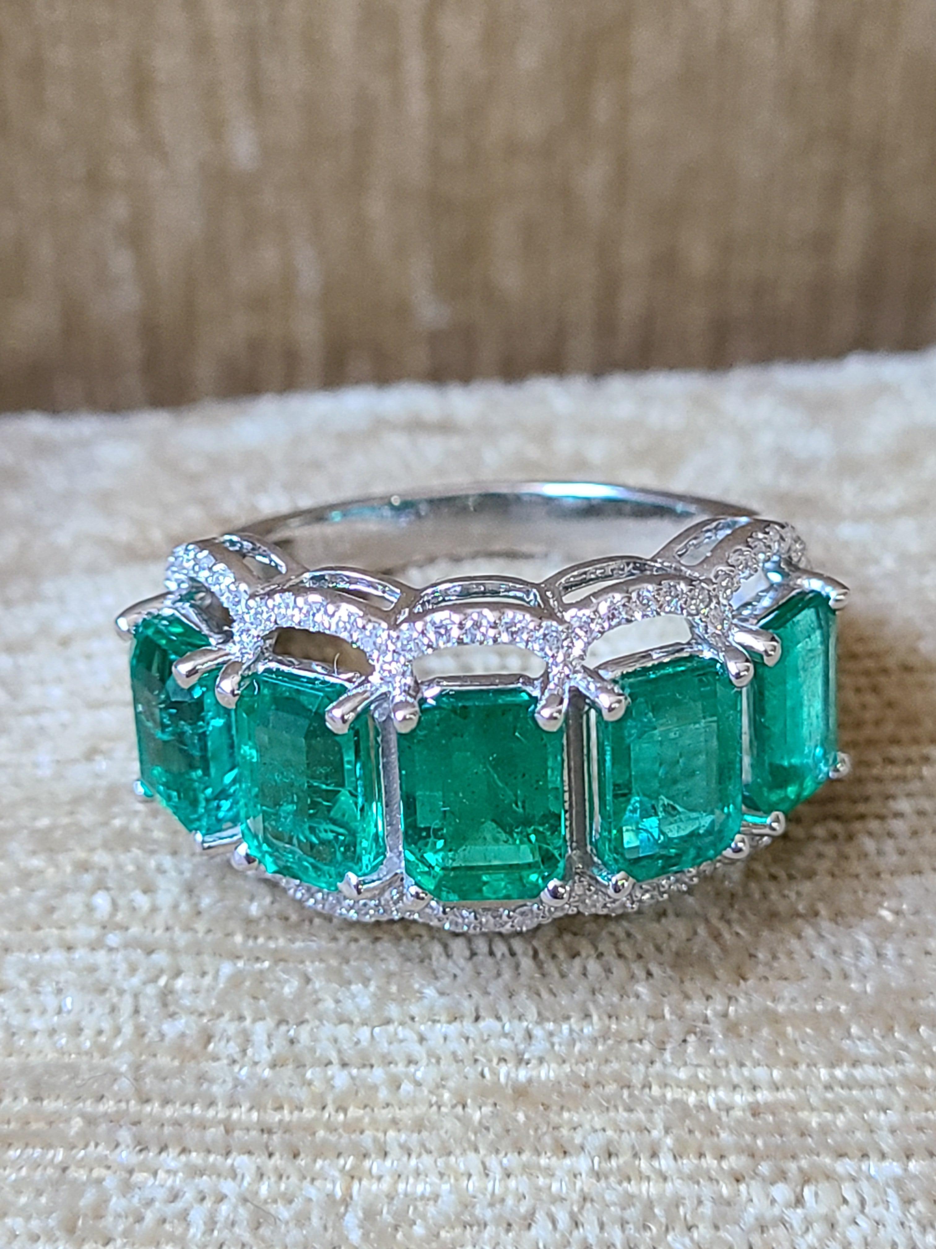 Emerald Cut Natural Emerald and Diamond Band Ring Set in 18 Karat Gold