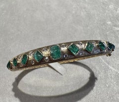 Natural Emerald and Diamond Bangle Bracelet in Textured 14k Yellow Gold