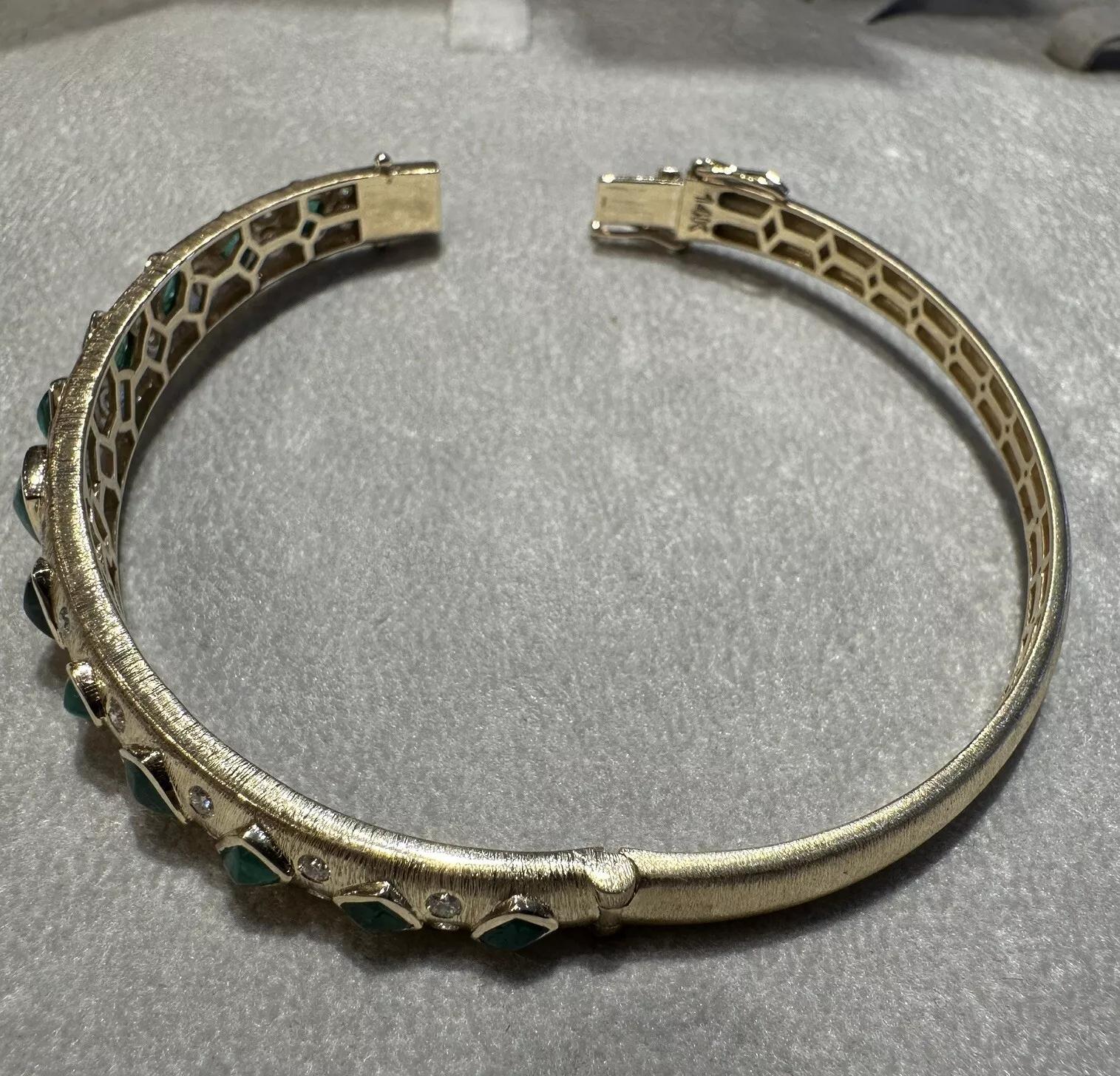 Women's Natural Emerald and Diamond Bangle Bracelet in Textured 14k Yellow Gold For Sale