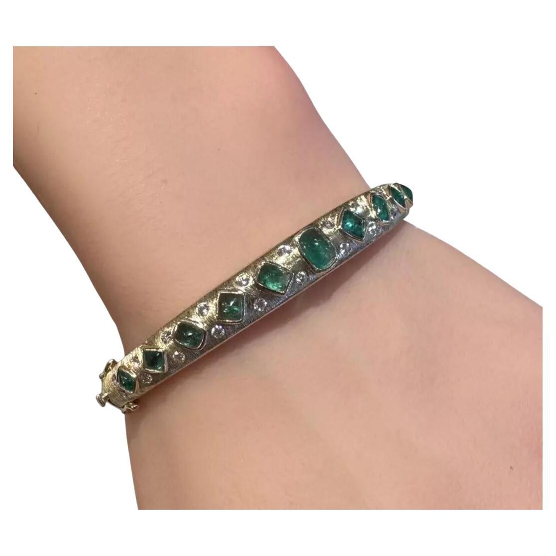 Natural Emerald and Diamond Bangle Bracelet in Textured 14k Yellow Gold