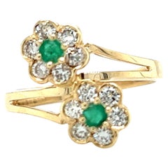 Natural Emerald and Diamond Bypass Design Ring in 14K Yellow Gold