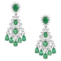 Natural Emerald and Diamond Chandelier Earrings in 18K White Gold