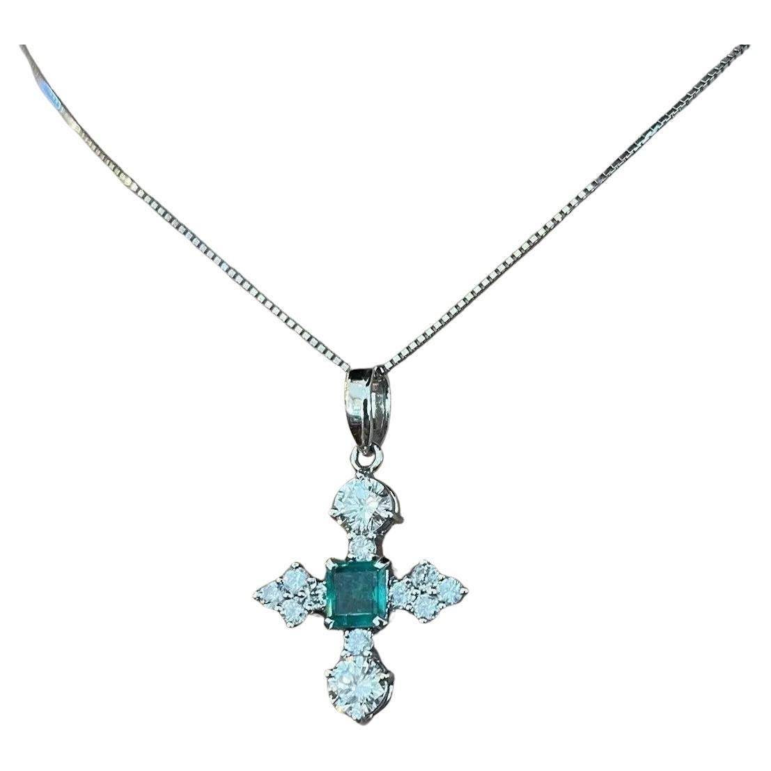 Natural Emerald and Diamond Cross Pendant Necklace in Platinum