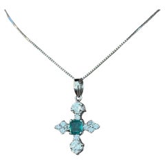 Natural Emerald and Diamond Cross Pendant Necklace in Platinum