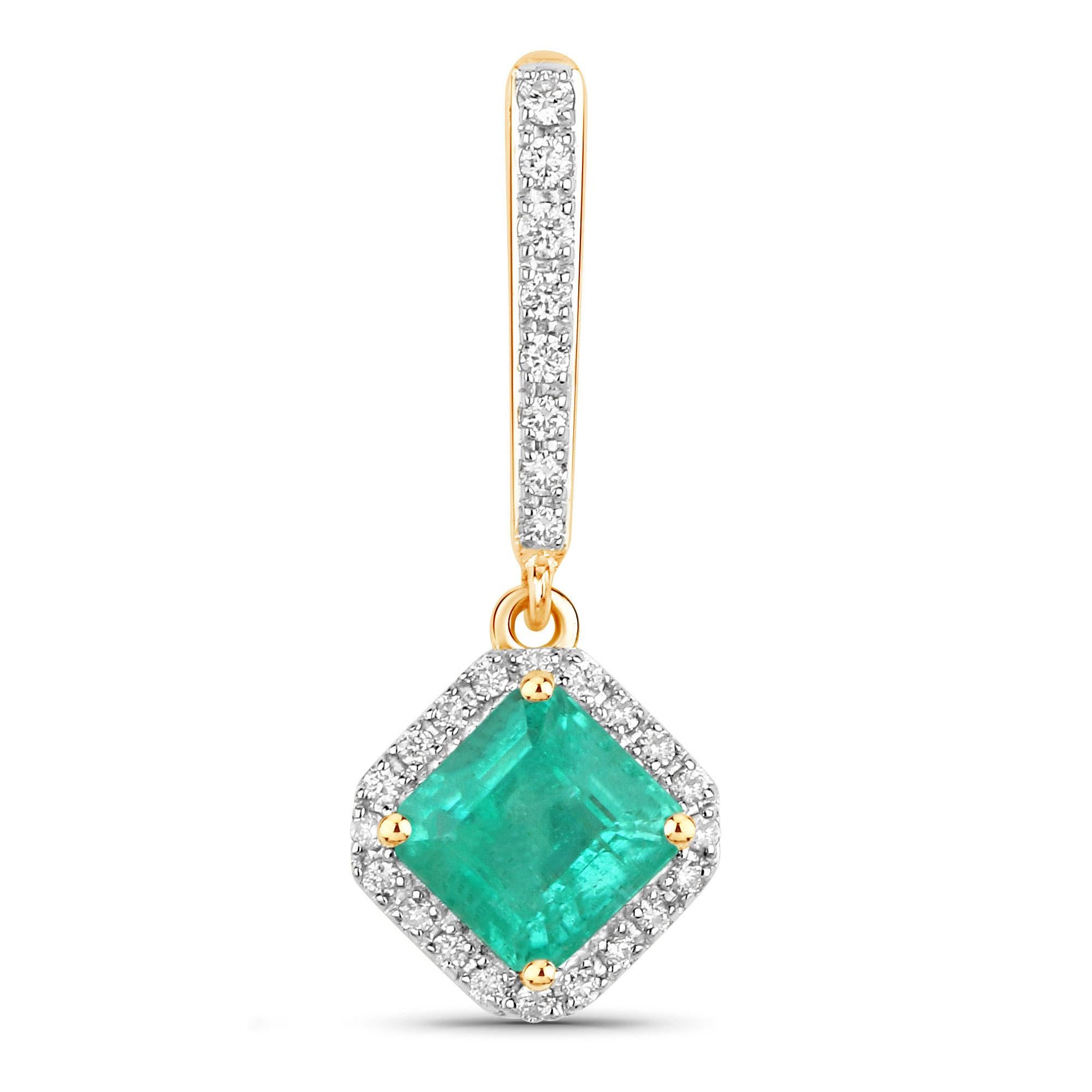 Asscher Cut Natural Emerald and Diamond Dangle Earrings 2 Carats 14K Gold For Sale