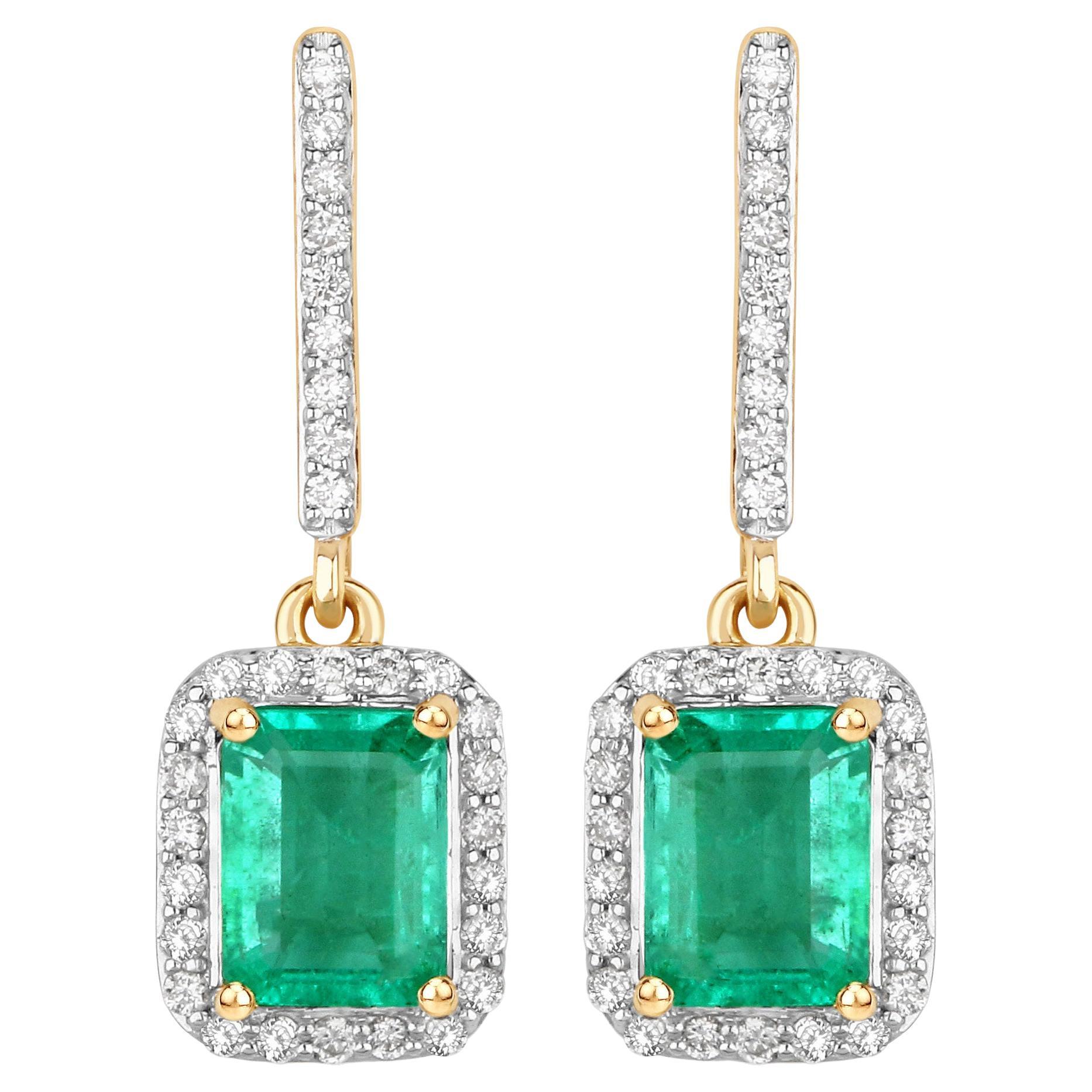 Natural Emerald and Diamond Dangle Earrings 2.10 Carats 14K Gold