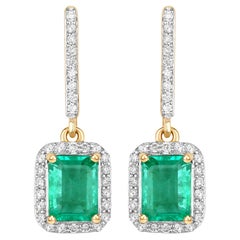 Natural Emerald and Diamond Dangle Earrings 2.10 Carats 14K Gold