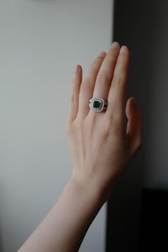 Natural Emerald and Diamond Double Halo Engagement Ring in 18K White Gold