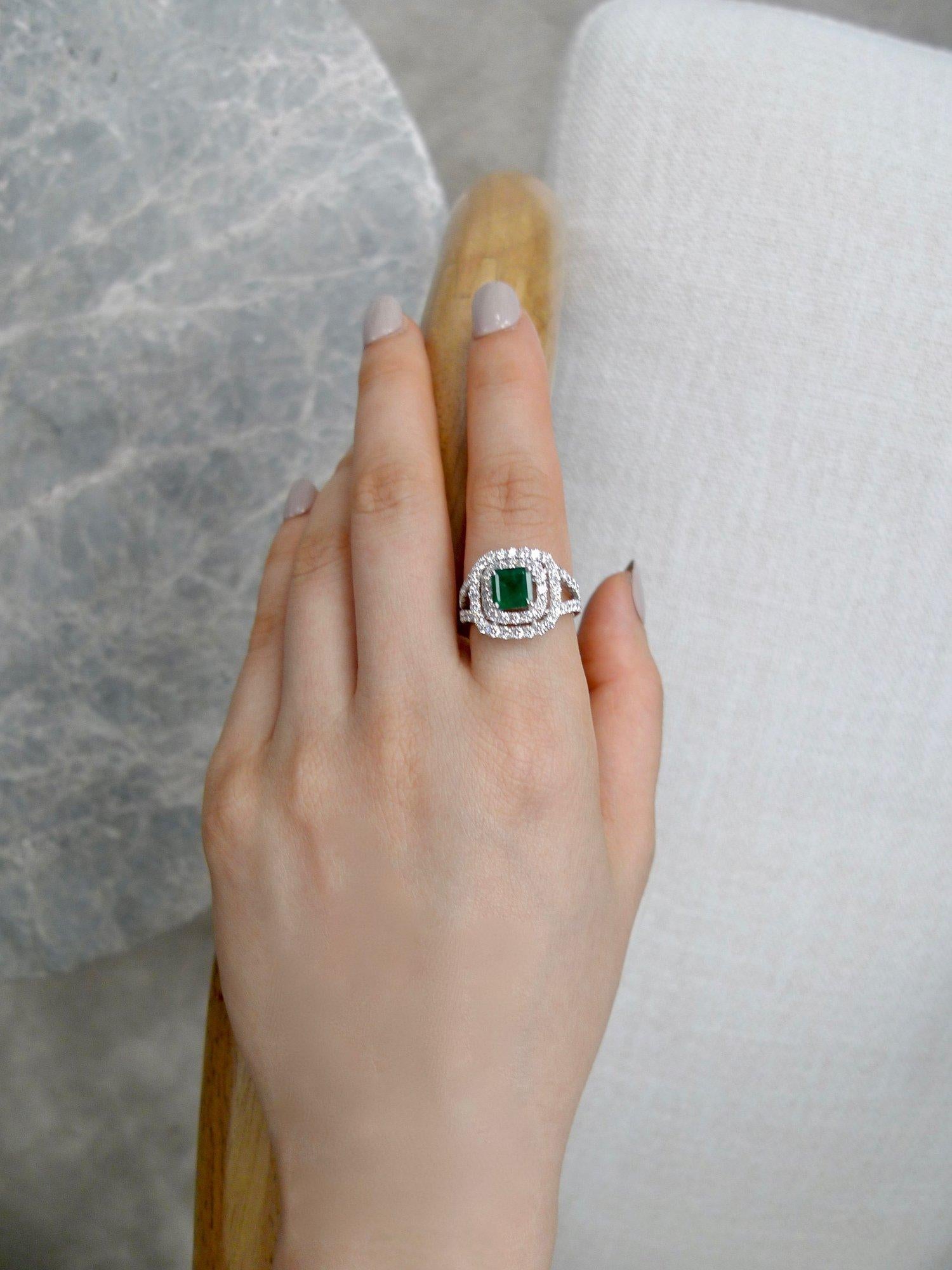 For Sale:  Natural Emerald and Diamond Double Halo Engagement Ring in 18K White Gold 3