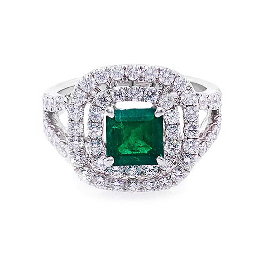 For Sale:  Natural Emerald and Diamond Double Halo Engagement Ring in 18K White Gold 4