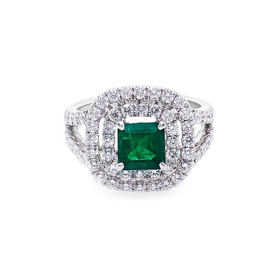 For Sale:  Natural Emerald and Diamond Double Halo Engagement Ring in 18K White Gold 5