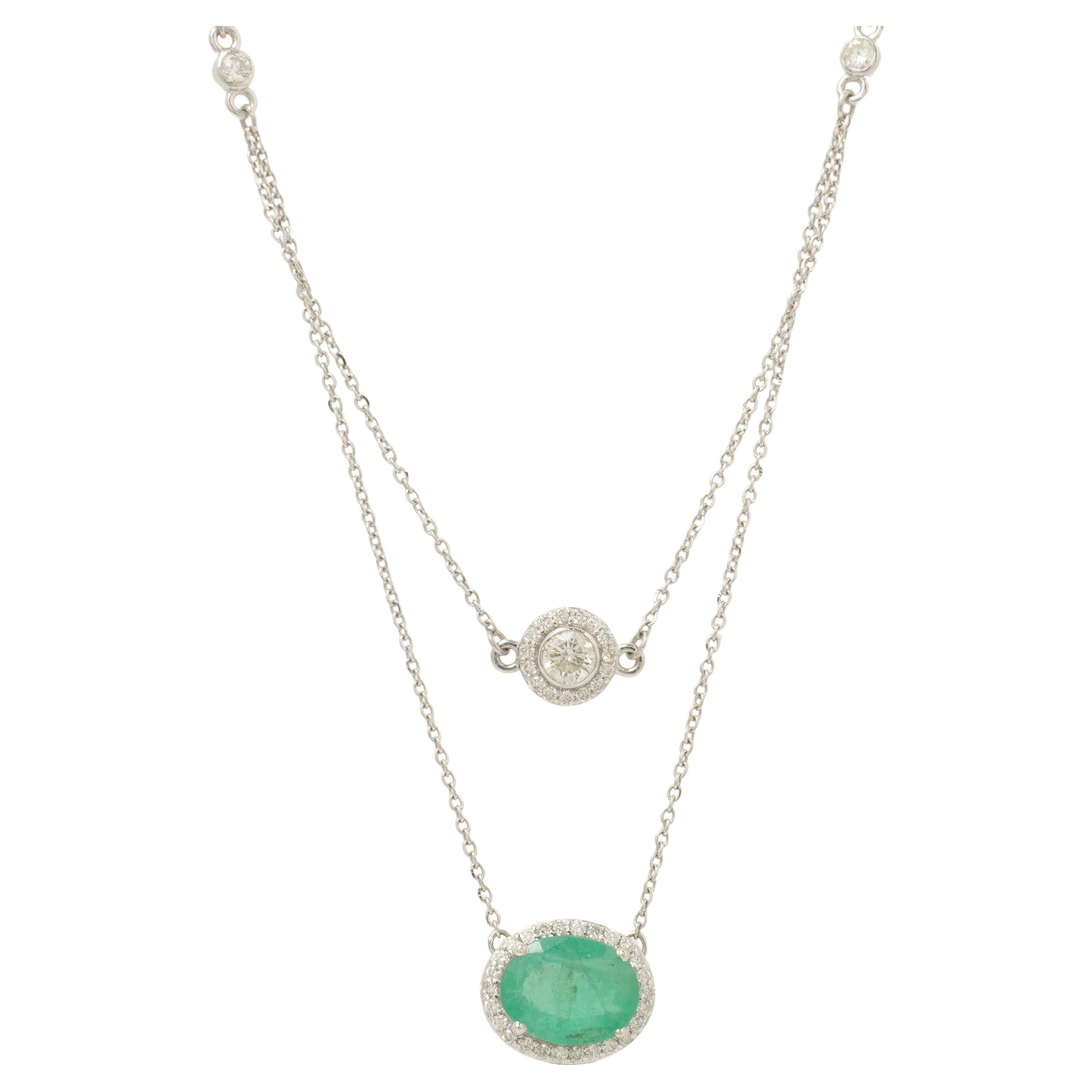 Natural Emerald and Diamond Double Layer Necklace in 14K Solid Gold (Certified)