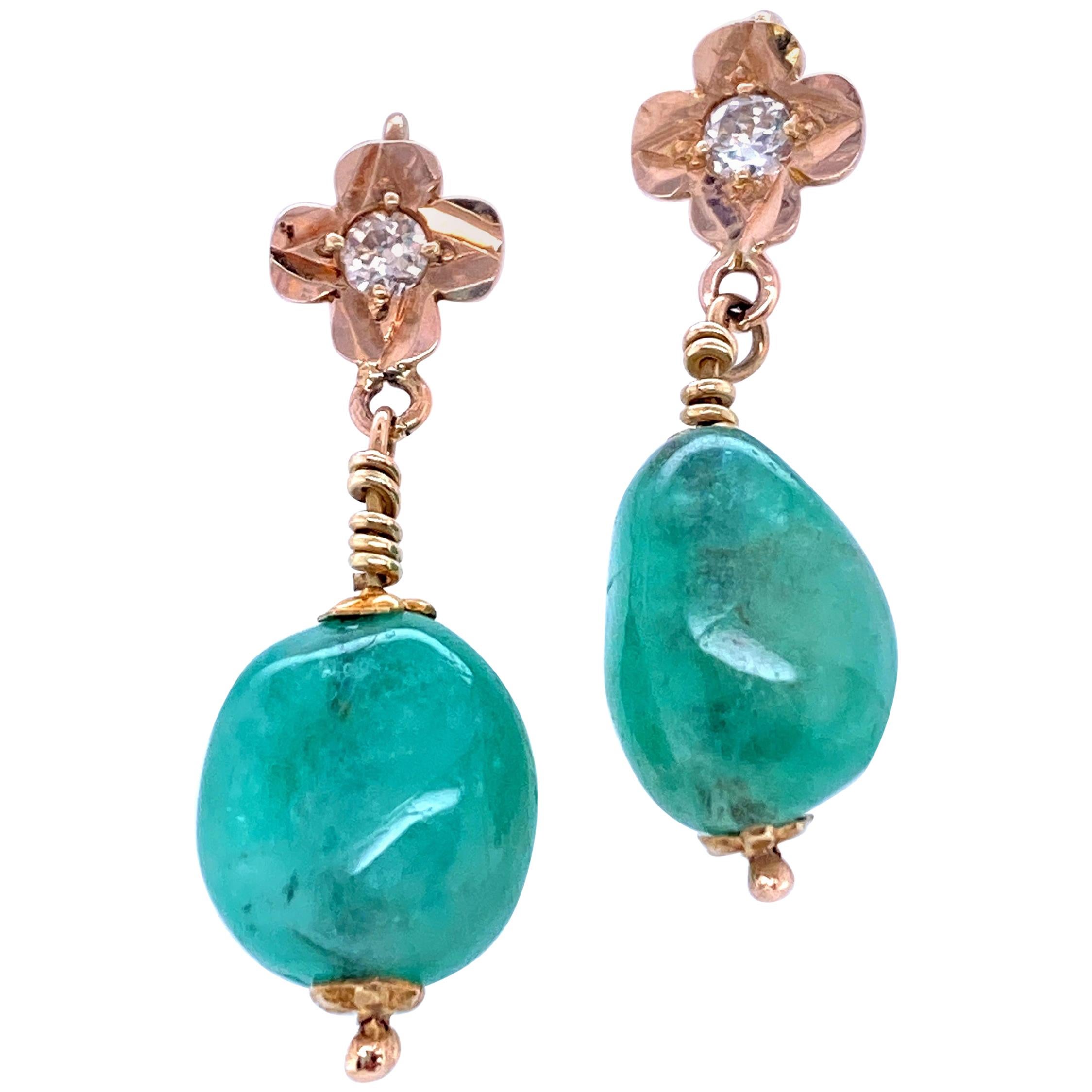 Natural Emerald and Diamond Drop Earrings