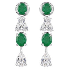 Natural Oval Zambian Emerald Pear Diamond Drop Earrings 18 Karat White Gold
