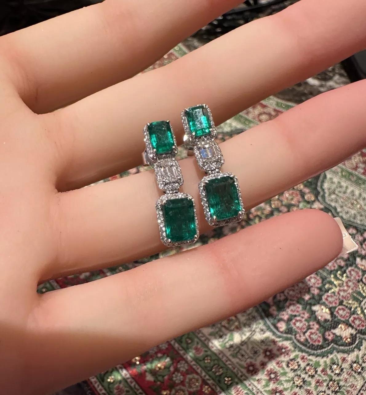 Emerald Cut Natural Emerald and Diamond Drop Earrings in 18k White Gold For Sale