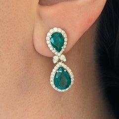 Natural Emerald and Diamond Drop Earrings in 18k White Gold