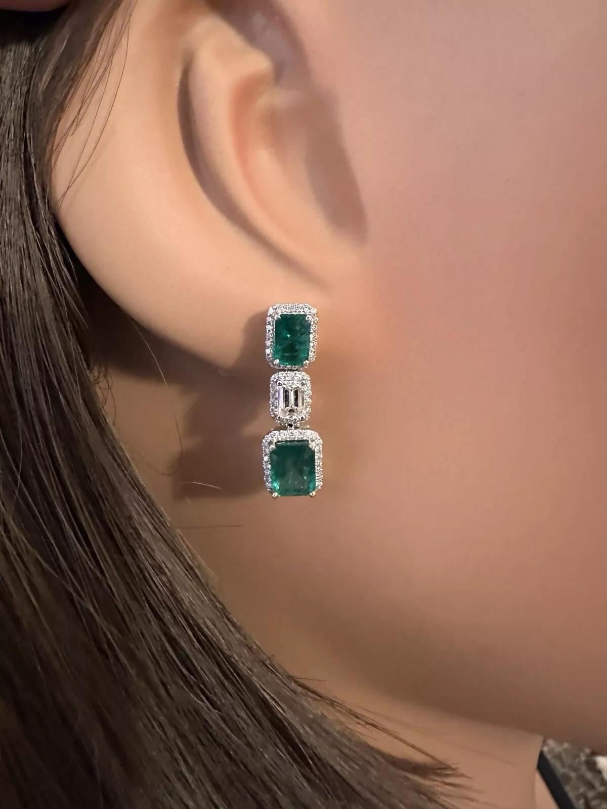 Women's Natural Emerald and Diamond Drop Earrings in 18k White Gold For Sale
