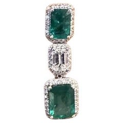 Natural Emerald and Diamond Drop Earrings in 18k White Gold