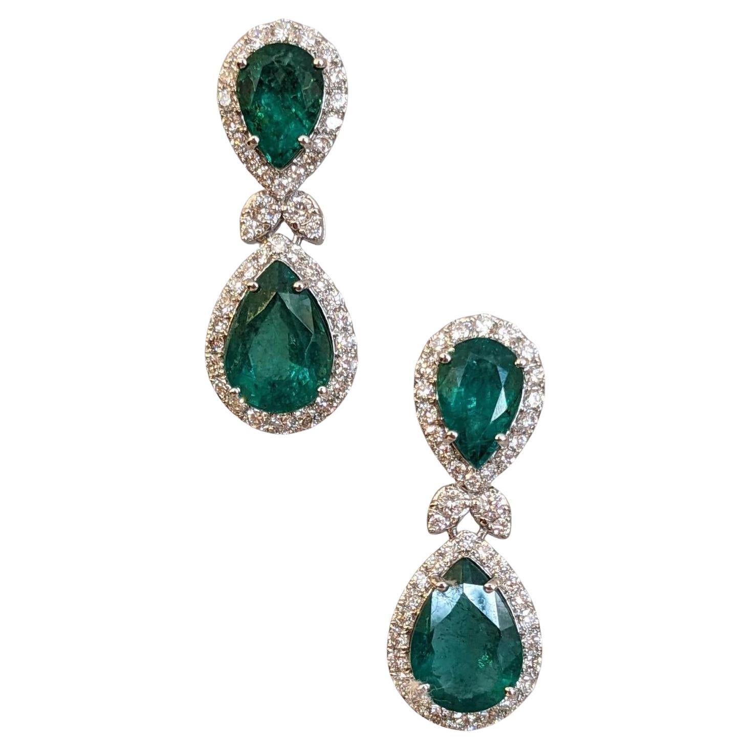 Natural Emerald and Diamond Drop Earrings in 18k White Gold