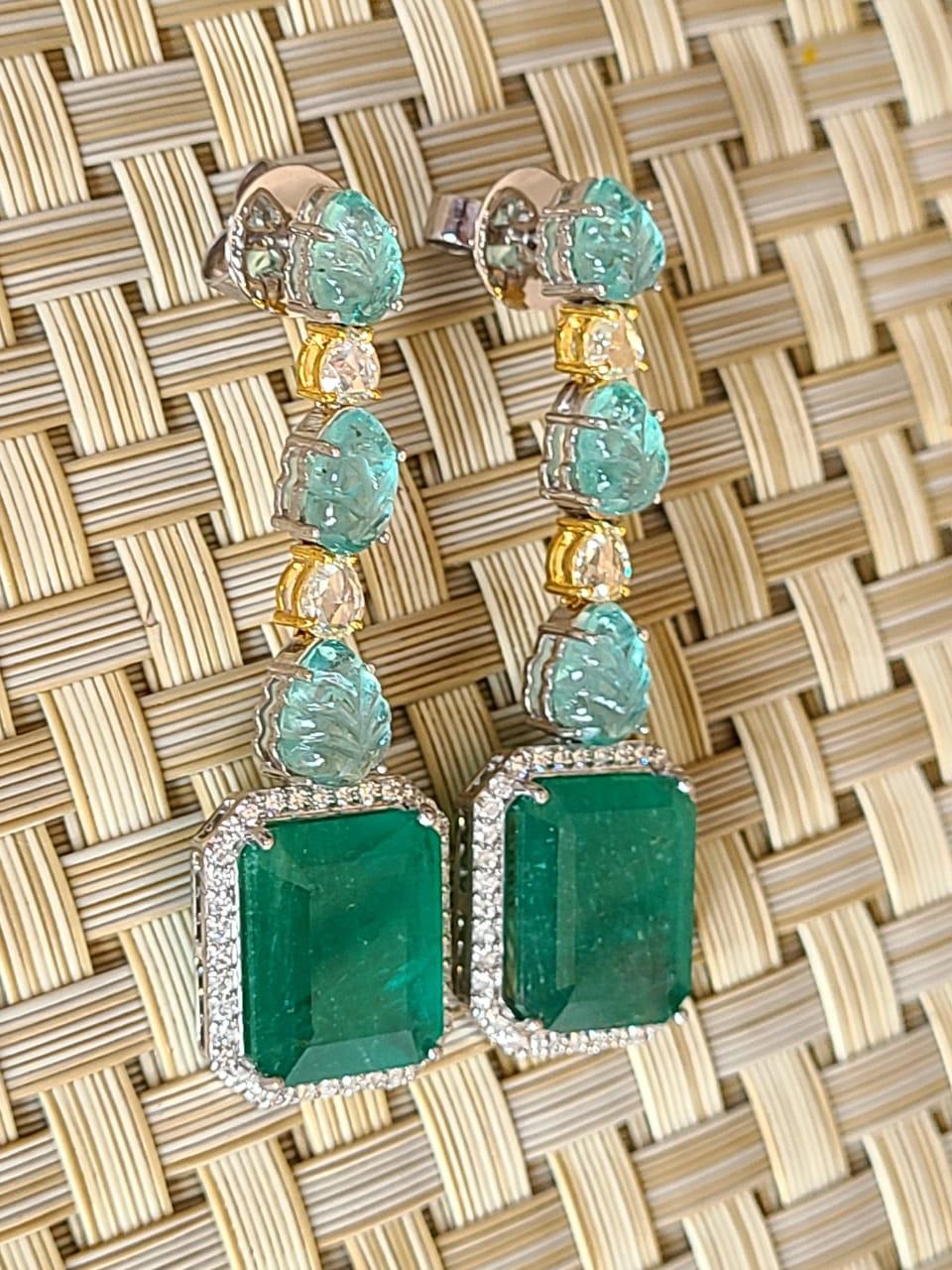 Emerald Cut 26.09 carats, natural Zambian Emerald and Diamonds Dangle Earrings  For Sale