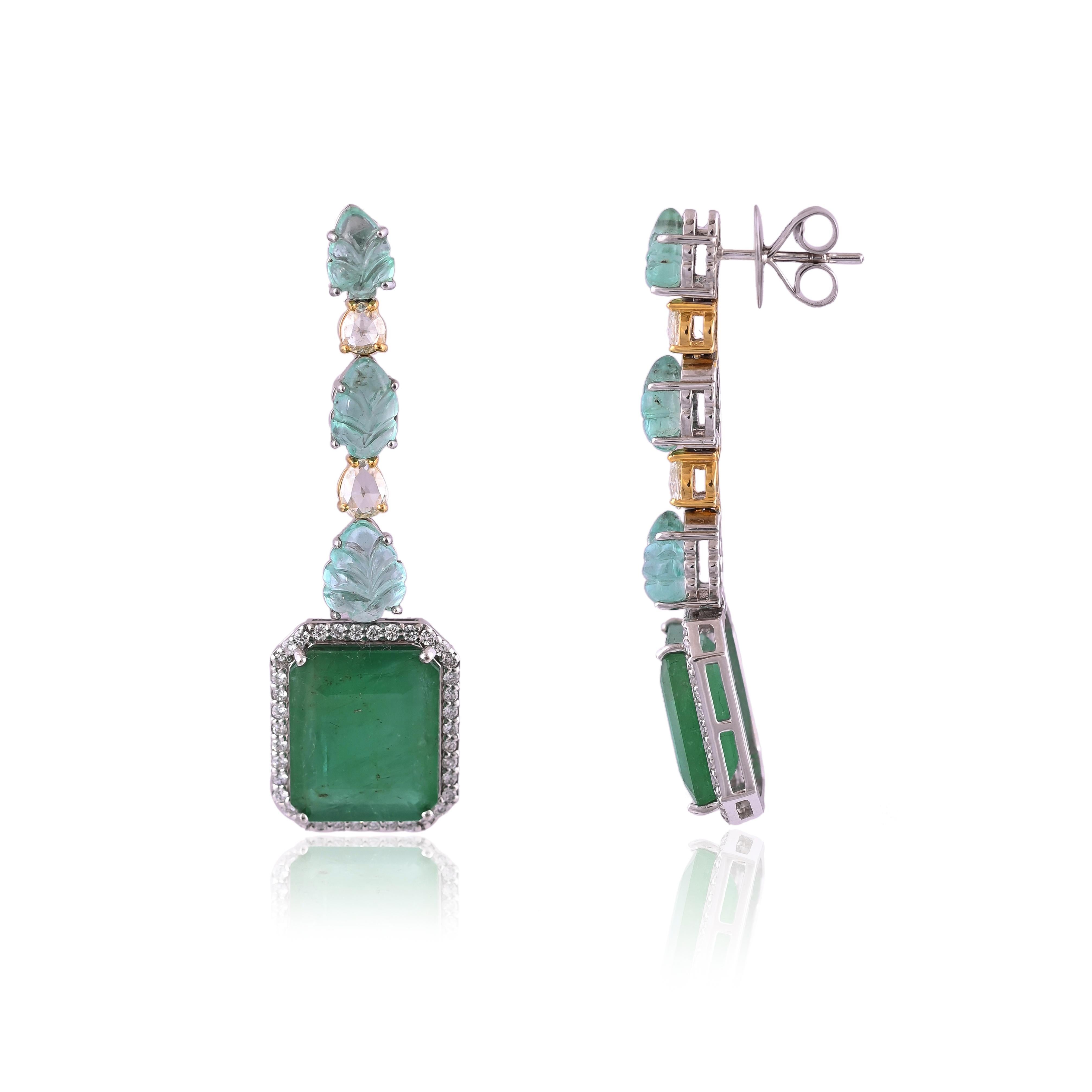 Women's 26.09 carats, natural Zambian Emerald and Diamonds Dangle Earrings  For Sale