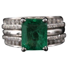 Certified 4 Carat Natural Emerald and Diamond Engagement Ring, Eternity Band