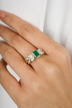 Natural Emerald and Diamond Floral Motif Band Ring in 18k Solid Yellow Gold