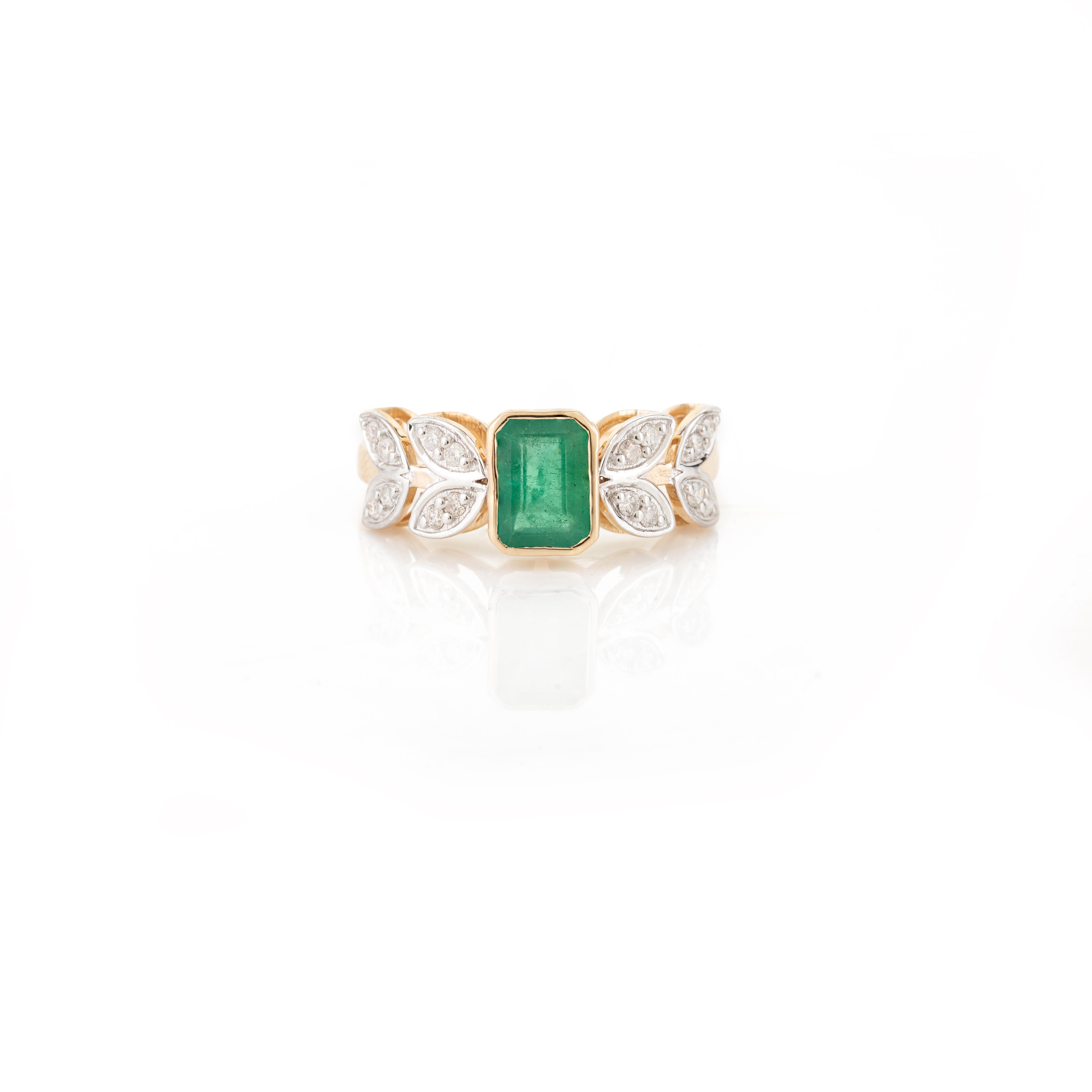 For Sale:  Natural Emerald and Diamond Floral Motif Band Ring in 18k Solid Yellow Gold 6