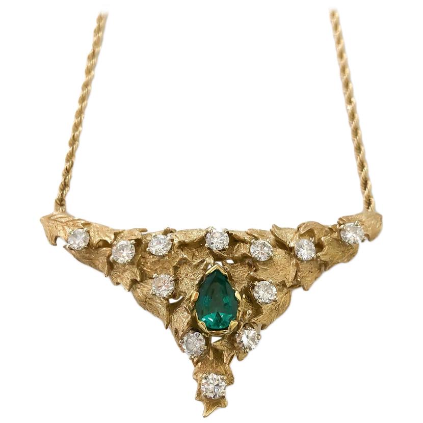 Natural Emerald and Diamond Florentine Triangular Necklace 1.10 Carat 14 Karat