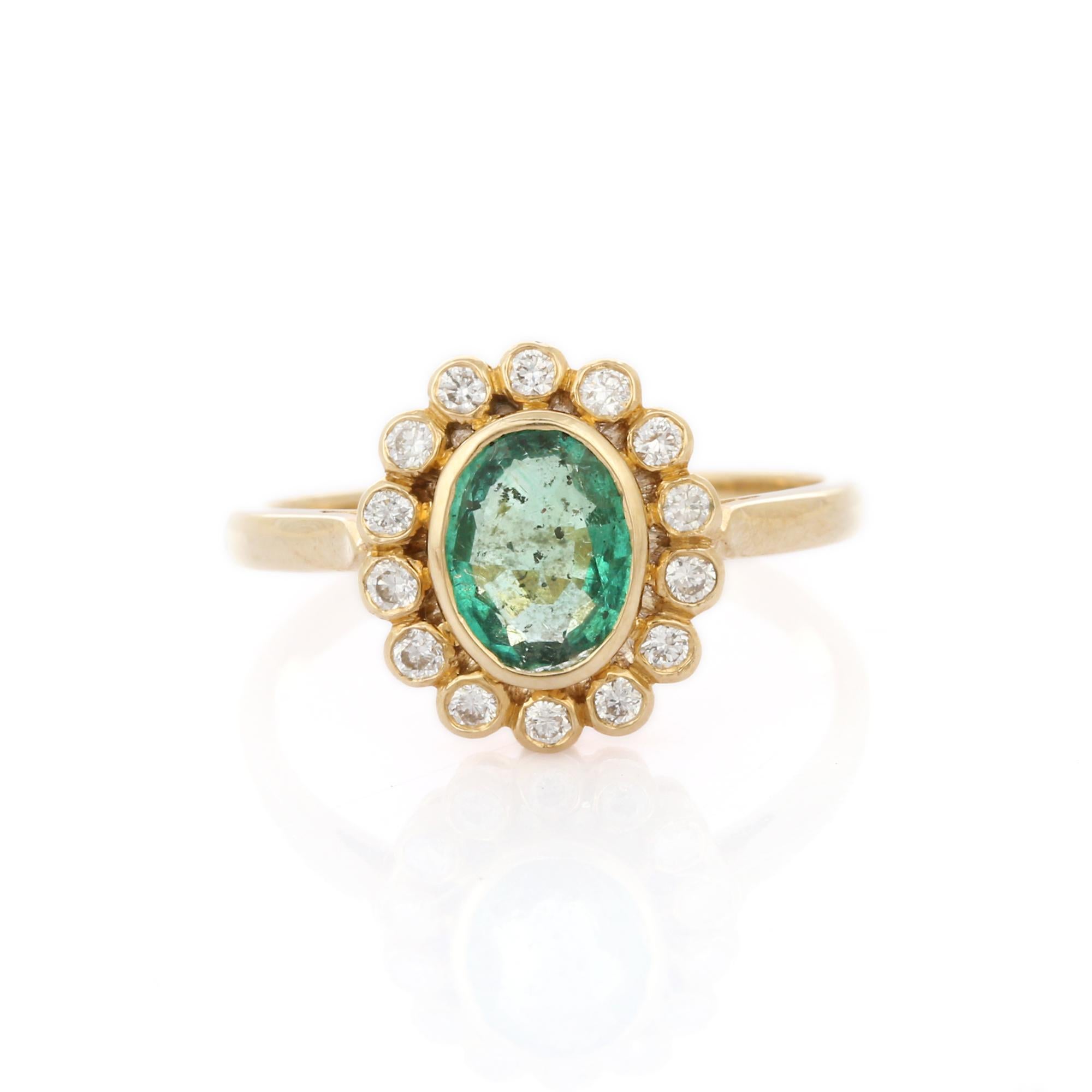 For Sale:  Natural Emerald and Diamond Halo Engagement Ring in 14K Yellow Gold 2