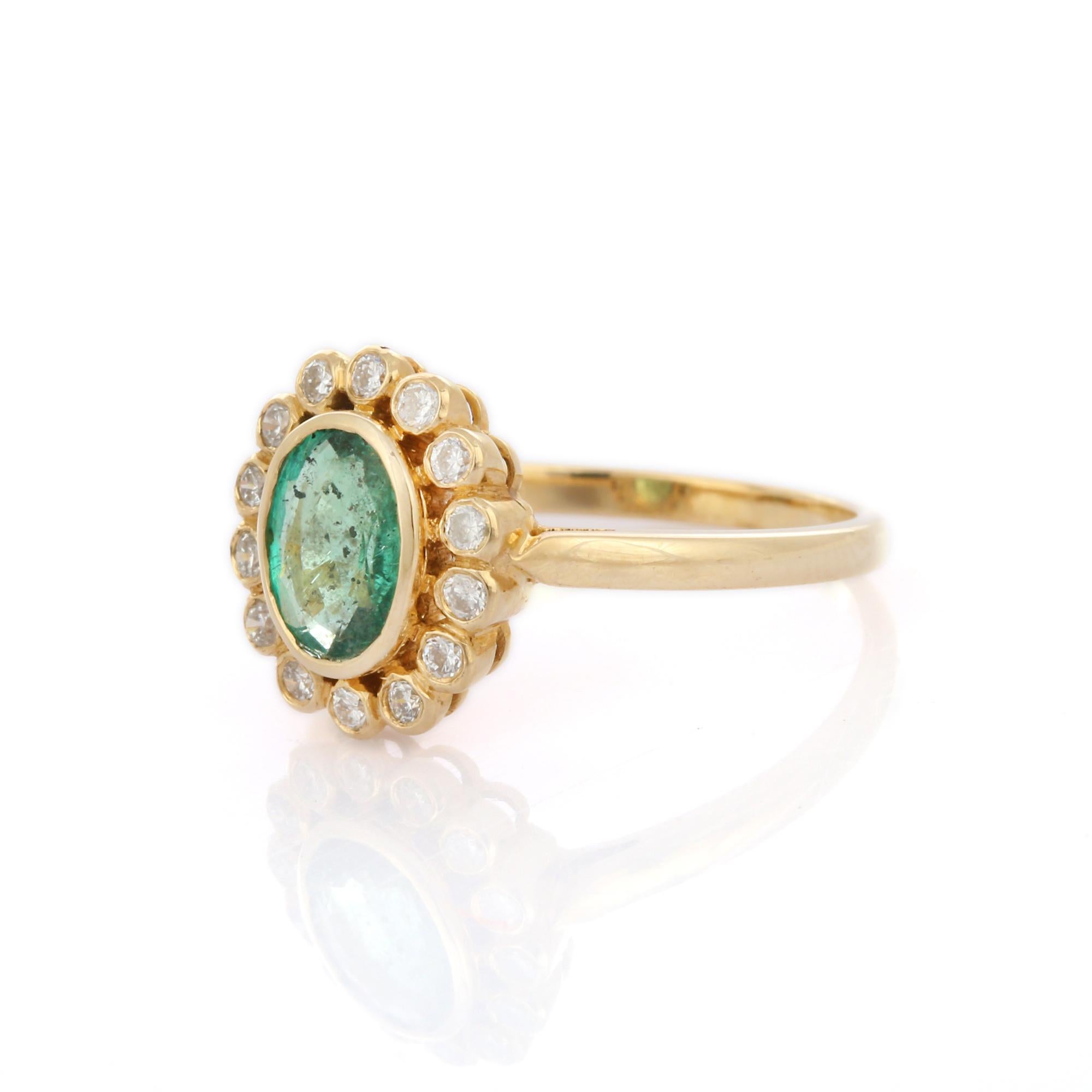 For Sale:  Natural Emerald and Diamond Halo Engagement Ring in 14K Yellow Gold 4