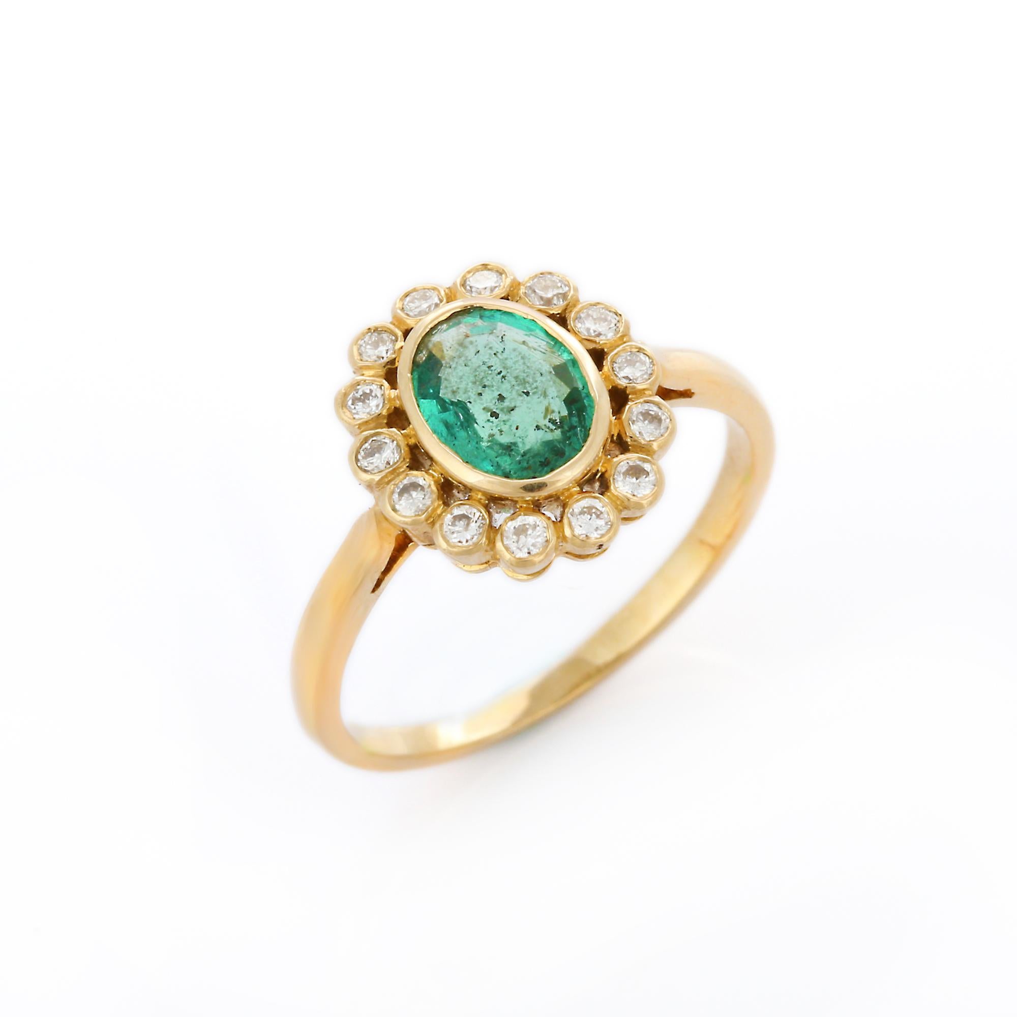 For Sale:  Natural Emerald and Diamond Halo Engagement Ring in 14K Yellow Gold 5