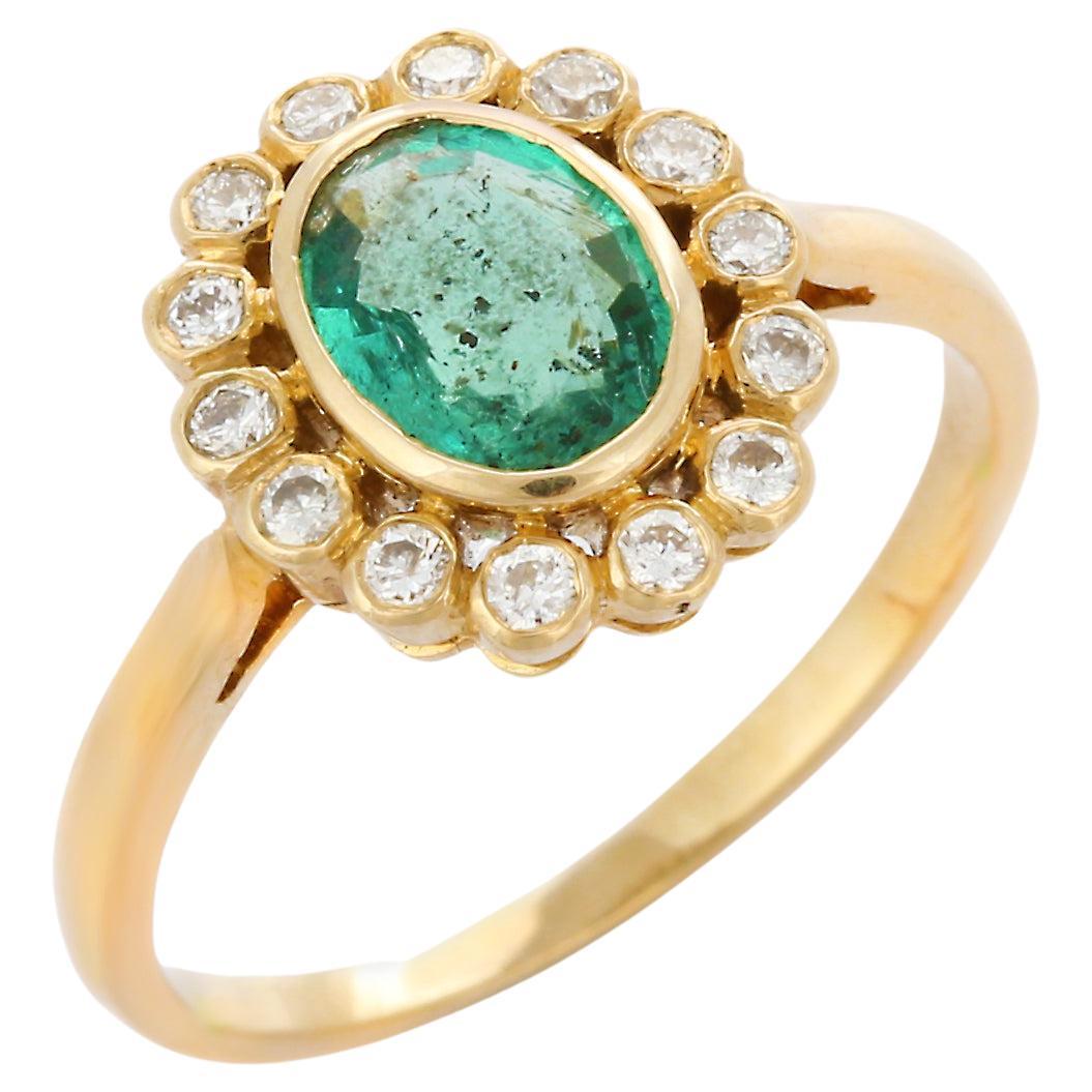 For Sale:  Natural Emerald and Diamond Halo Engagement Ring in 14K Yellow Gold