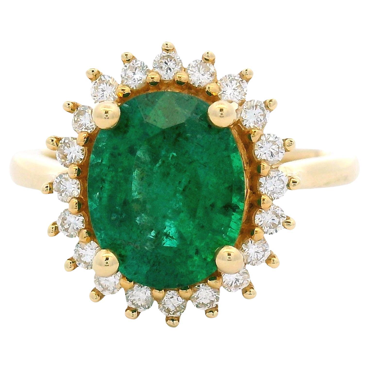 Natural Emerald and Diamond Halo Ring 2.55 Carat Oval in 14K Yellow Gold