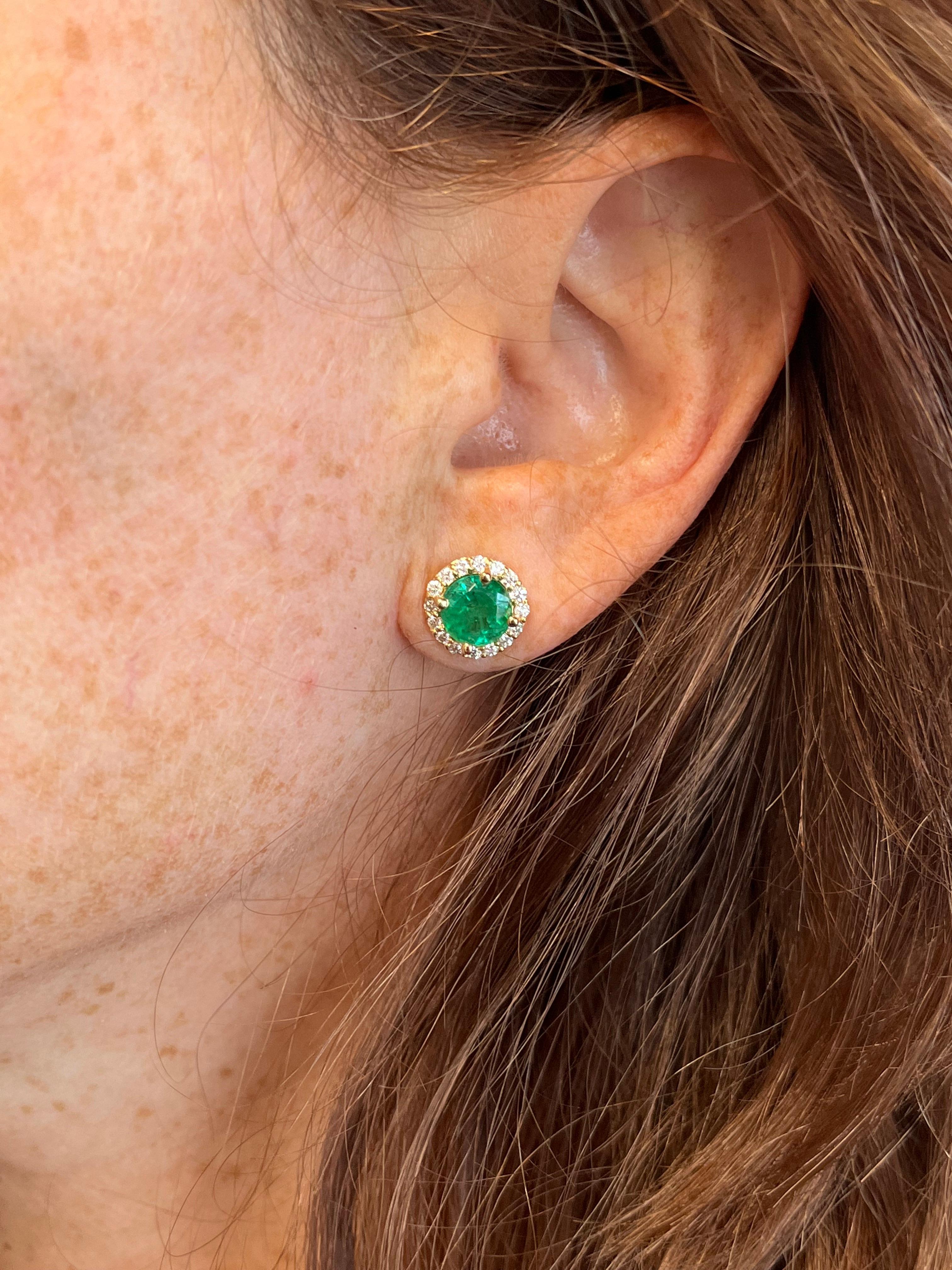 Contemporary Natural Emerald and Diamond Halo Stud Earring, 3.35 ctw.