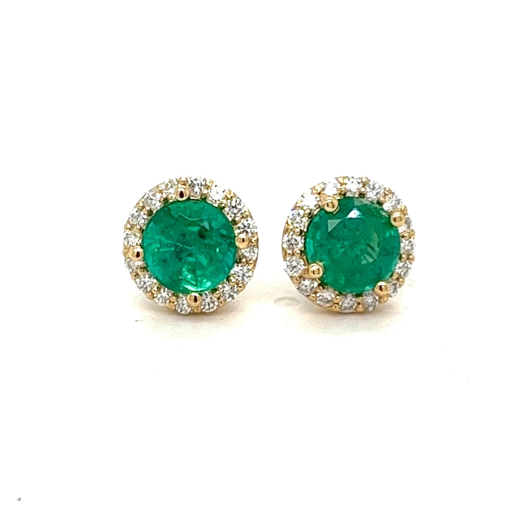 Brilliant Cut Natural Emerald and Diamond Halo Stud Earring, 3.35 ctw.