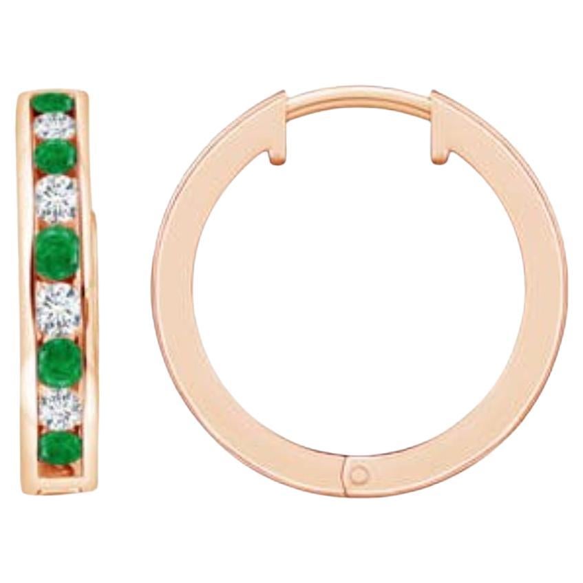 Natural 0.45ct Emerald and 0.28ct Diamond Hinged Hoop Earrings in 14K Rose Gold For Sale
