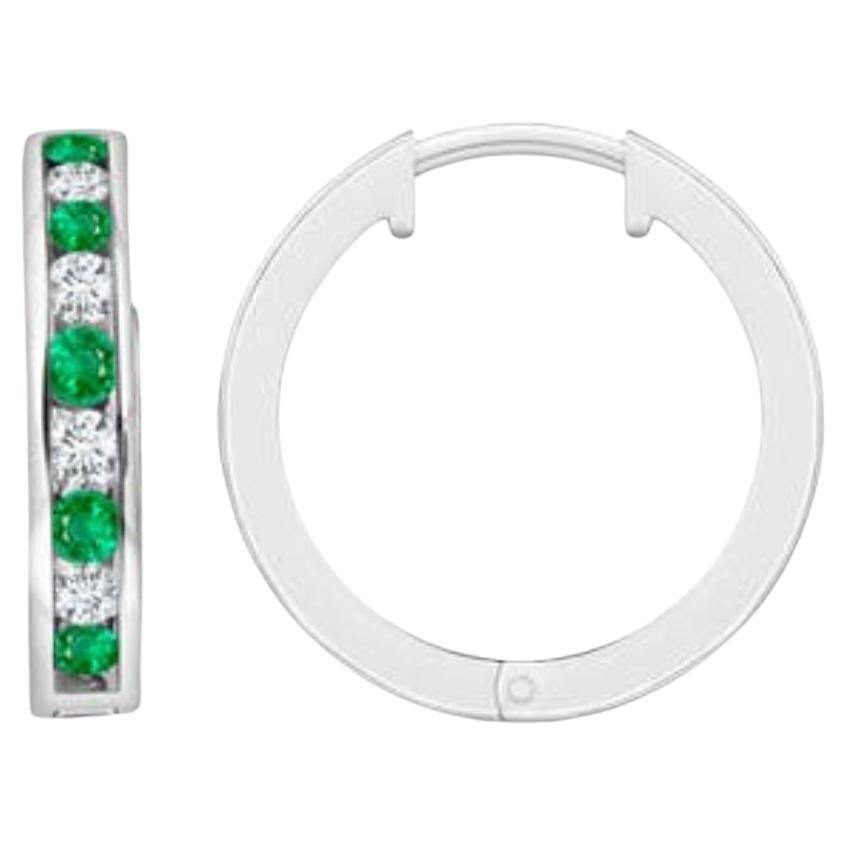 Natural 0.45ct Emerald and 0.28ct Diamond Hinged Hoop Earrings in 14K White Gold For Sale