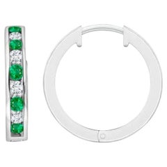 Natural 0.45ct Emerald and 0.28ct Diamond Hinged Hoop Earrings in 14K White Gold