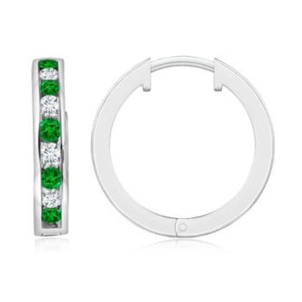Natural 0.45ct Emerald and 0.28ct Diamond Hinged Hoop Earrings in 14K White Gold For Sale