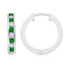 Natural 0.45ct Emerald and 0.28ct Diamond Hinged Hoop Earrings in 14K White Gold