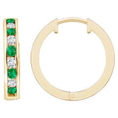 Natural 0.45ct Emerald and 0.28ct Diamond Hinged Hoop Earrings in 14K YellowGold