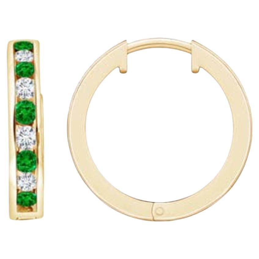 Natural 0.45ct Emerald and 0.28ct Diamond Hinged Hoop Earrings in 14K YellowGold For Sale